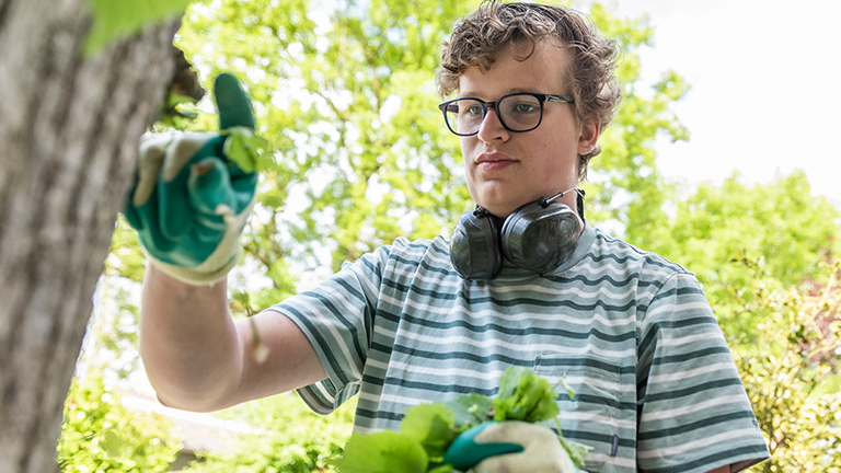 Jongen aan het werk in de groenvoorziening